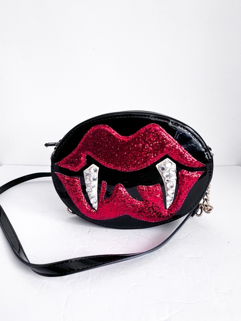Betsey Johnson Vampire Crossbody Bag with Glitter Red Lip & Rhinestone Fangs